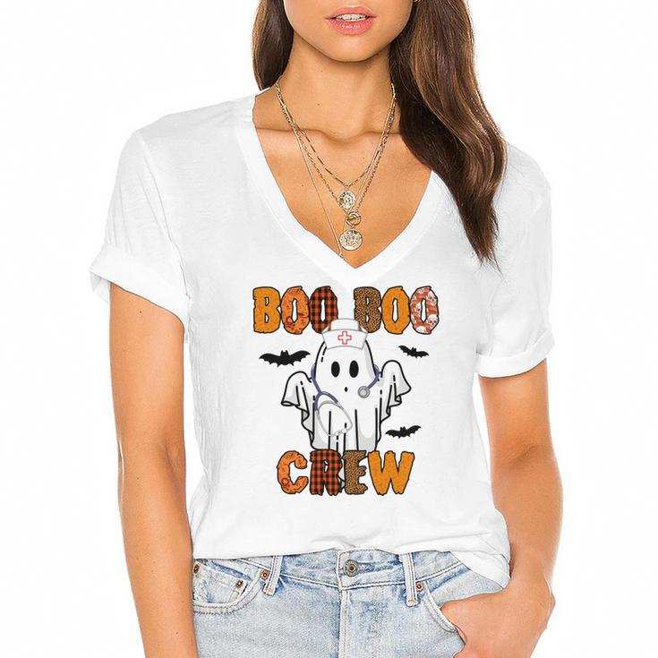 Boo Boo Crew Funny Cute Halloween Nurse Gifts Women's Jersey Short Sleeve Deep V-Neck Tshirt