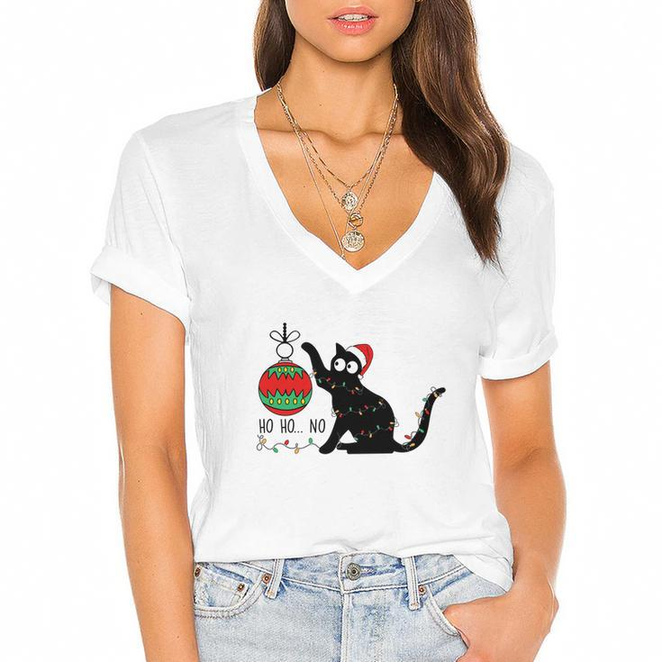 Christmas Funny Black Cat Ho Ho Ho Cat Lovers Gifts Women's Jersey Short Sleeve Deep V-Neck Tshirt