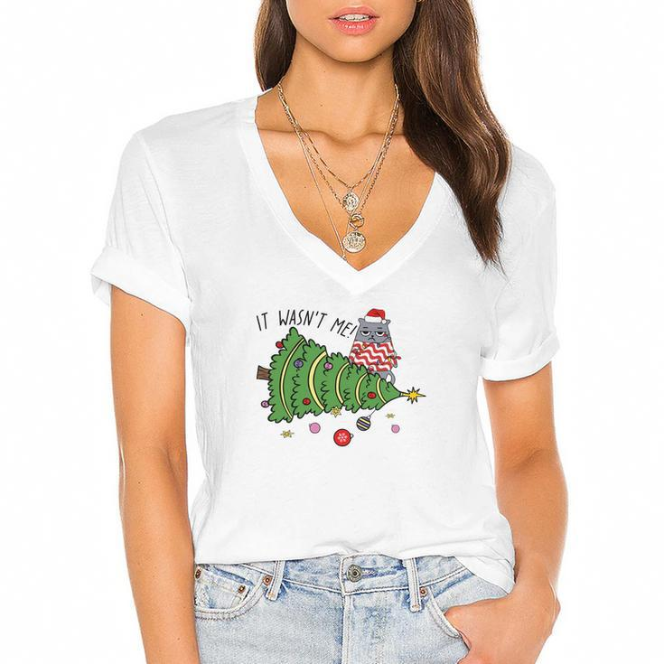 Christmas Funny Cat It Was Not Me Gift For Cat Lovers Women's Jersey Short Sleeve Deep V-Neck Tshirt