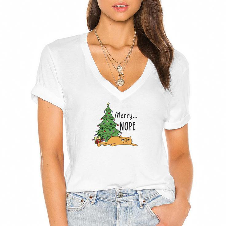 Christmas Funny Cat Merry Nope Cat Lovers Gift Women's Jersey Short Sleeve Deep V-Neck Tshirt