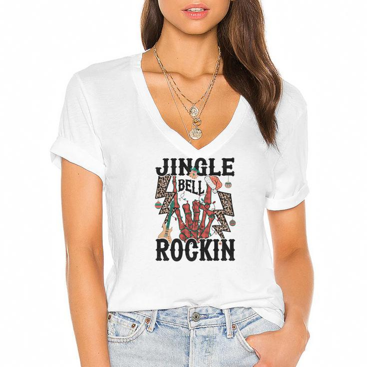 Christmas Skeleton Jingle Bell Rockin Women's Jersey Short Sleeve Deep V-Neck Tshirt
