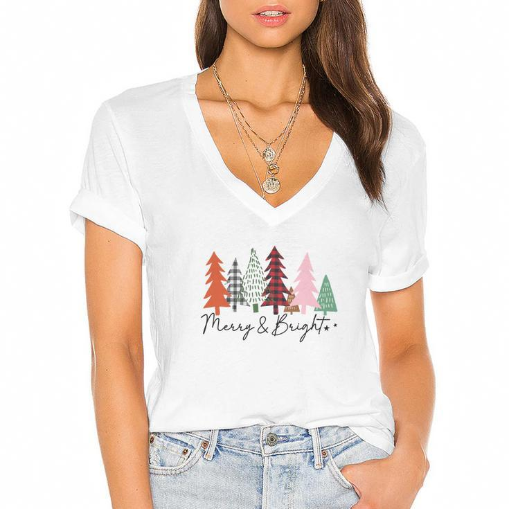 Christmas Tree Merry And Bright Retro Women's Jersey Short Sleeve Deep V-Neck Tshirt