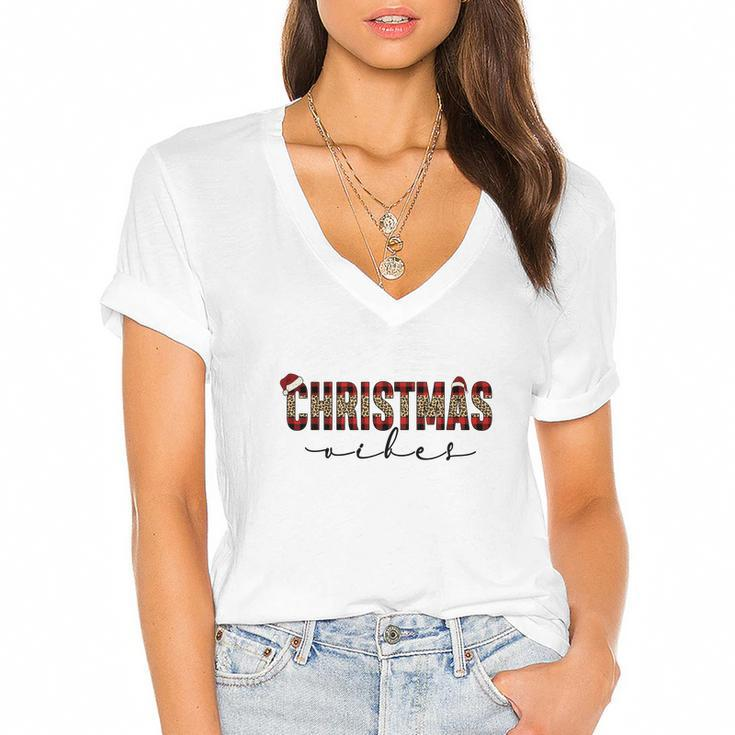 Christmas Vibes Buffalo Plaid Women's Jersey Short Sleeve Deep V-Neck Tshirt