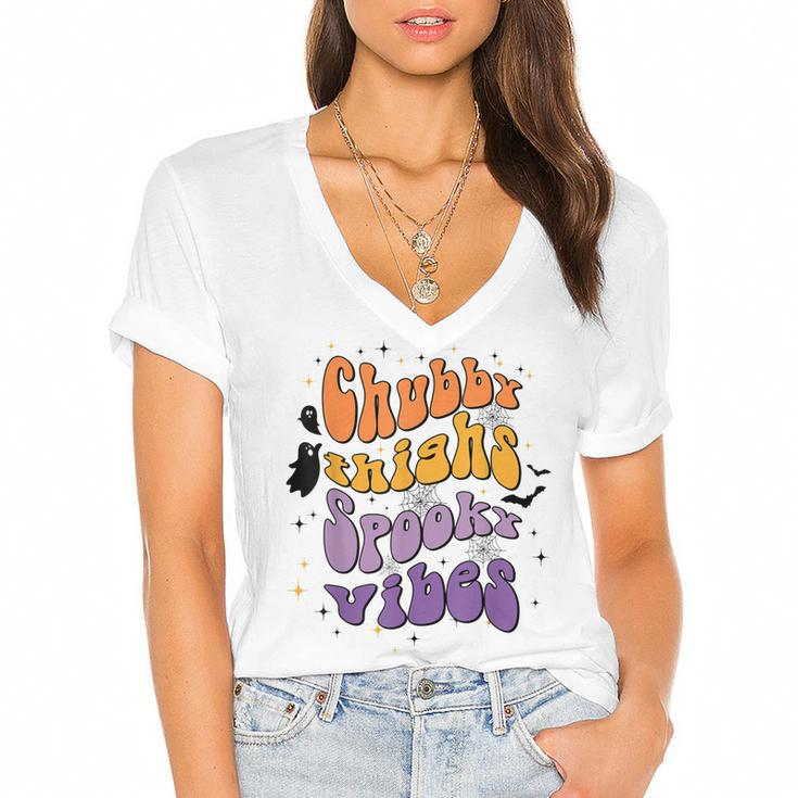 Chubby Thighs And Spooky Vibes Happy Halloween  Women's Jersey Short Sleeve Deep V-Neck Tshirt