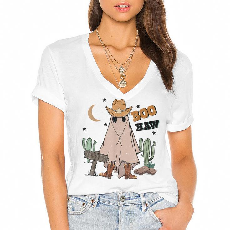 Cowboy Boo How Retro Ghost Halloween Costume Desert Cactus  Women's Jersey Short Sleeve Deep V-Neck Tshirt