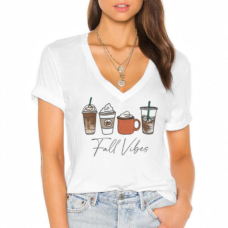 Cute Fall Vibes Coffee Pumpkin Spice Latte Drinks Autumn  Women's Jersey Short Sleeve Deep V-Neck Tshirt