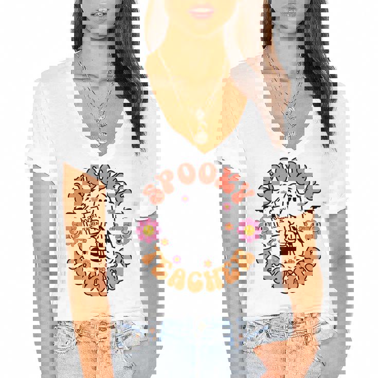 Cute Ghost Book Reading Halloween Teacher Spooky Teacher Women's Jersey Short Sleeve Deep V-Neck Tshirt Cute Ghost Book Reading Halloween Teacher Spooky Teacher Women's Jersey Short Sleeve Deep V-Neck Tshirt