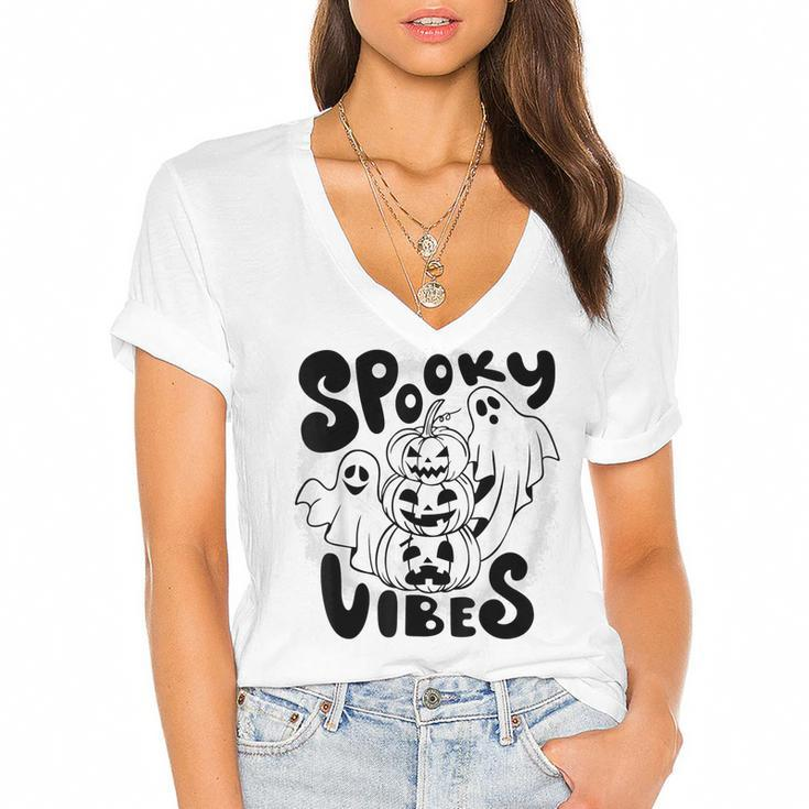 Cute Ghost Halloween Retro Groovy Spooky Vibes Fun Halloween  Women's Jersey Short Sleeve Deep V-Neck Tshirt