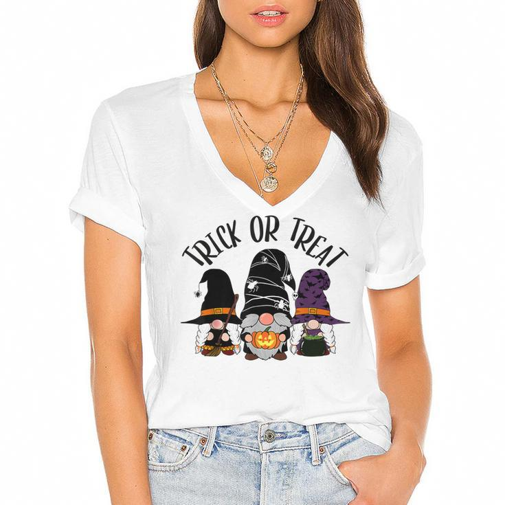 Cute Witch Gnomes Halloween Garden Gnome Trick Or Treat  Women's Jersey Short Sleeve Deep V-Neck Tshirt