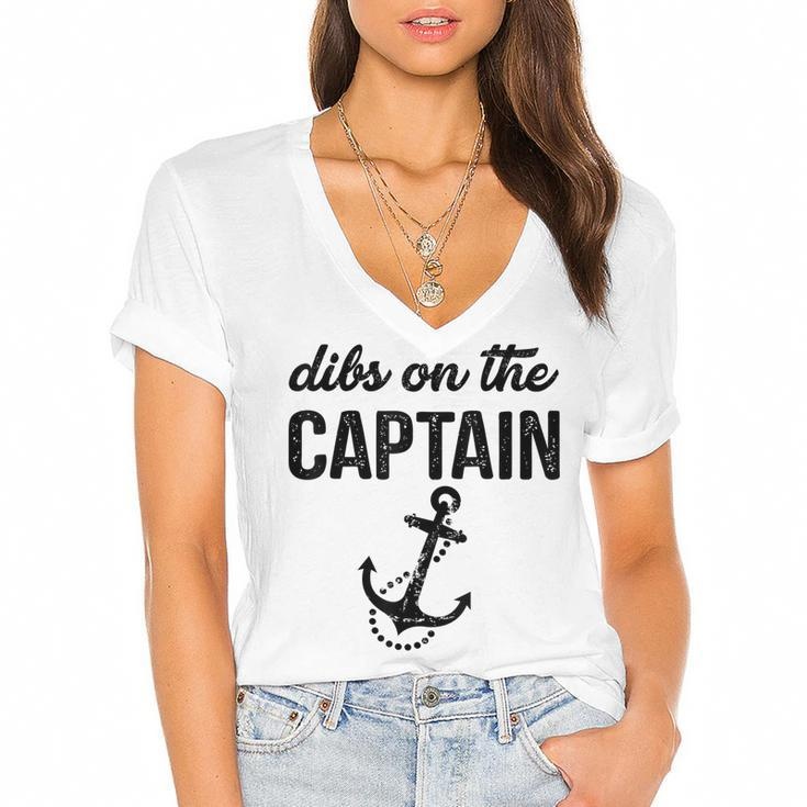 Dibs On The Captain Retro Anchor Funny Captain Wife  Women's Jersey Short Sleeve Deep V-Neck Tshirt