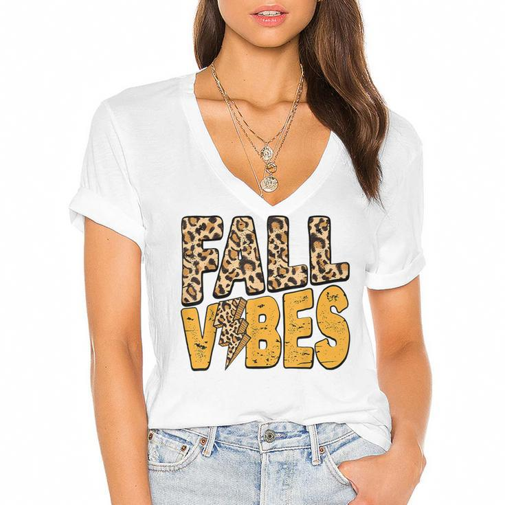 Distressed Fall Vibes Leopard Lightning Bolts In Fall Colors  Women's Jersey Short Sleeve Deep V-Neck Tshirt