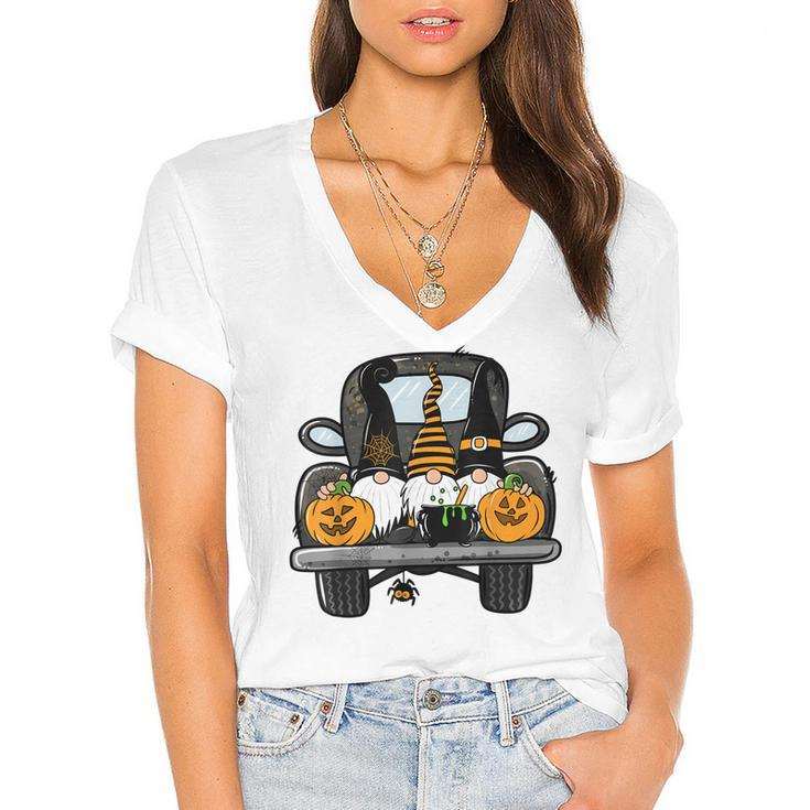 Fall Gnomes On Pumpkin Truck Halloween Costume Autumn Gift  Women's Jersey Short Sleeve Deep V-Neck Tshirt