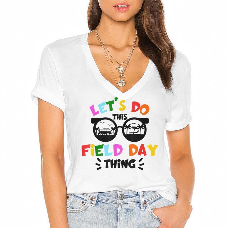 Field Day Thing Summer Kids Field Day 22 Teachers Colorful  Women's Jersey Short Sleeve Deep V-Neck Tshirt