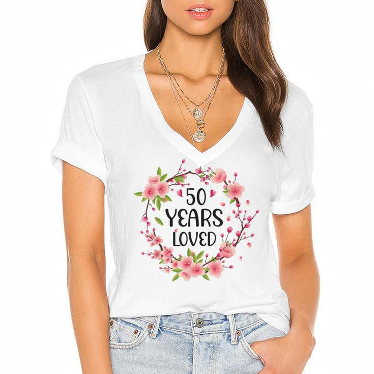 Floral 50 Years Old 50Th Birthday Anniversary 50 Years Loved  Women's Jersey Short Sleeve Deep V-Neck Tshirt