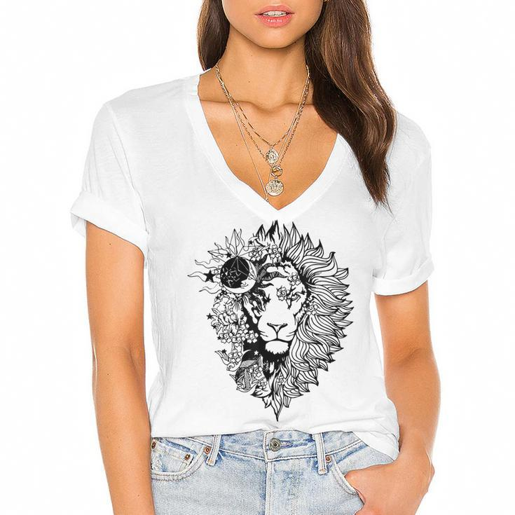 Floral Lion For Women Lion Flower Animal Lover Graphic Art  Women's Jersey Short Sleeve Deep V-Neck Tshirt