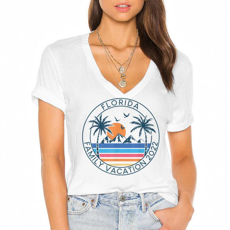 Florida Family Vacation 2022 Beach Palm Tree Summer Tropical  Women's Jersey Short Sleeve Deep V-Neck Tshirt