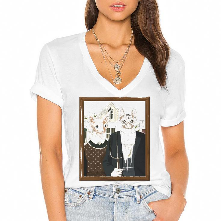 Funny American Gothic Cat Parody Ameowican Gothic Graphic Women's Jersey Short Sleeve Deep V-Neck Tshirt