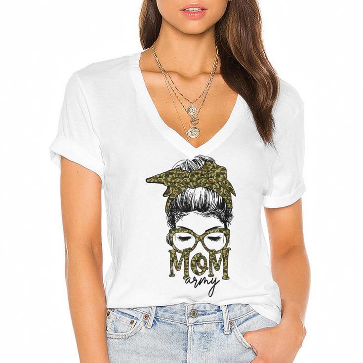 Funny Army Mom Messy Bun Hair Glasses  V2 Women's Jersey Short Sleeve Deep V-Neck Tshirt