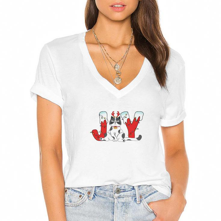 Funny Christmas Joy Cat Xmas Gift For Cat Lovers Women's Jersey Short Sleeve Deep V-Neck Tshirt