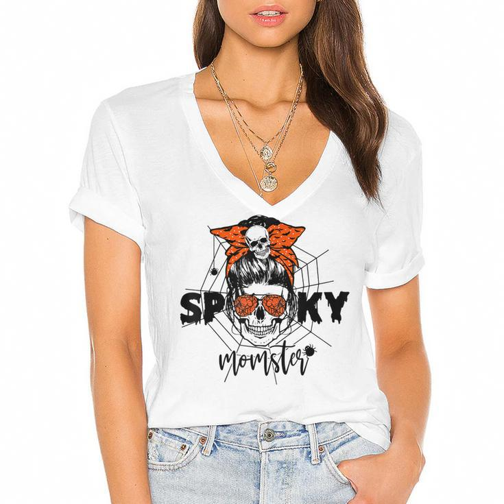 Funny Halloween Spooky Momster Skull Mama Costume For Mom  Women's Jersey Short Sleeve Deep V-Neck Tshirt
