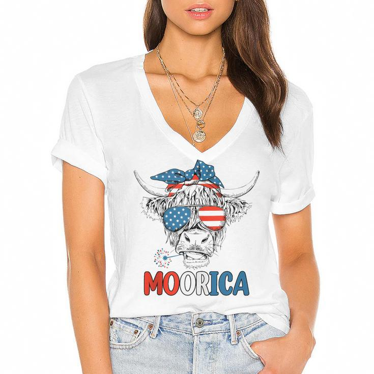 Funny Moorica 4Th Of July American Flag Highland Cow  Women's Jersey Short Sleeve Deep V-Neck Tshirt