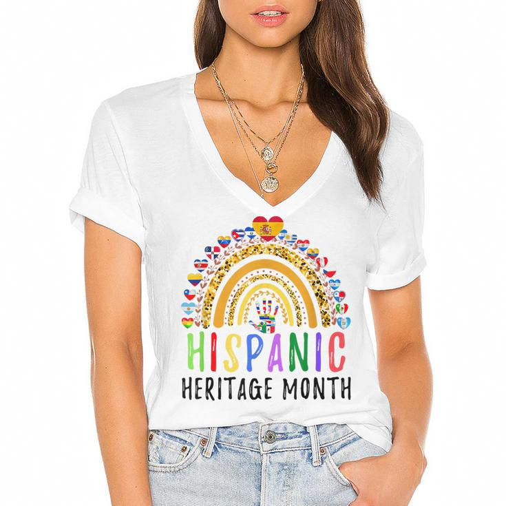 Funny National Hispanic Heritage Month Rainbow All Countries  Women's Jersey Short Sleeve Deep V-Neck Tshirt