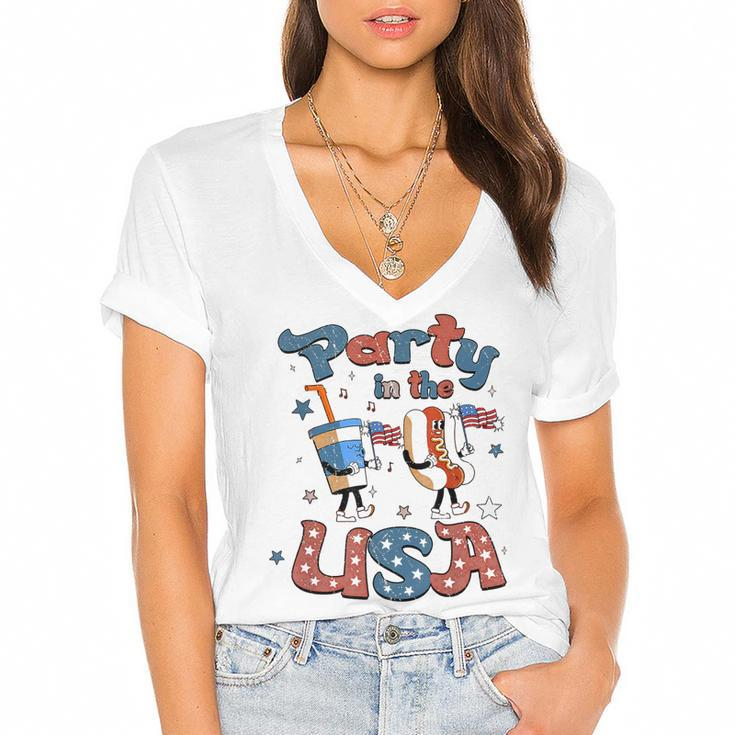 Funny Party In The Usa 4Th Of July Hot Dog Patriotic Kid  V2 Women's Jersey Short Sleeve Deep V-Neck Tshirt