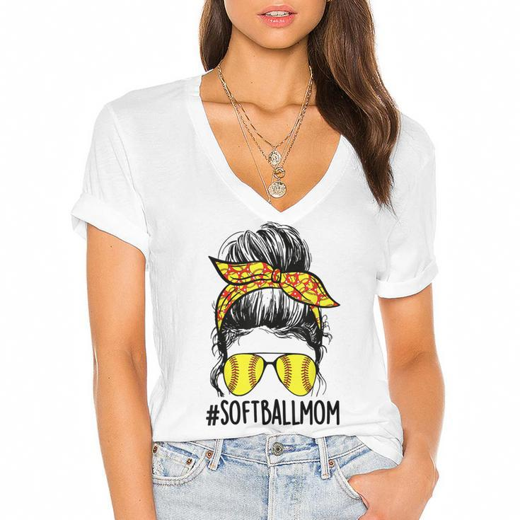 Funny Softball Mom Messy Bun Mama Mothers Day Sporty Mom  Women's Jersey Short Sleeve Deep V-Neck Tshirt