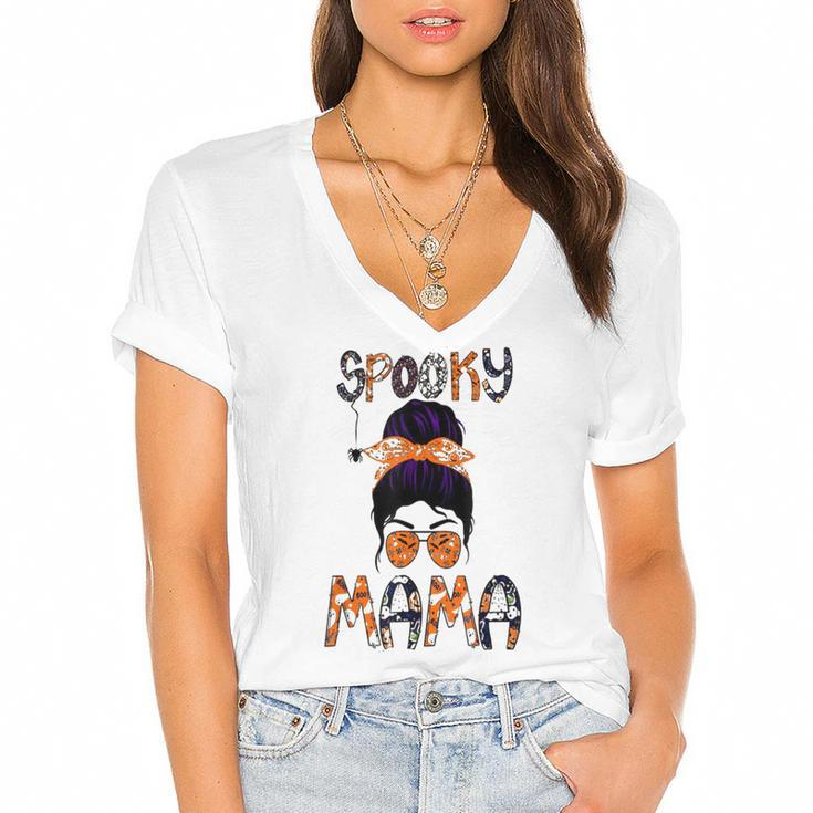Funny Spooky Skull Witch Mom Halloween Spooky Mama Halloween  Women's Jersey Short Sleeve Deep V-Neck Tshirt