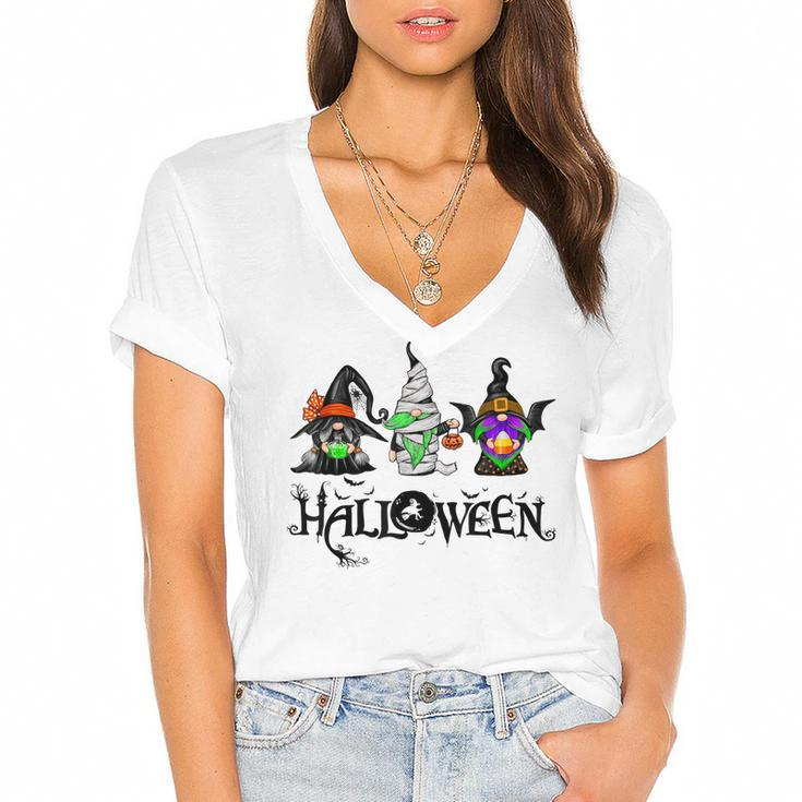 Gnome Witch Halloween Gnome Mummy Vampire Pumpkin Bleached  Women's Jersey Short Sleeve Deep V-Neck Tshirt