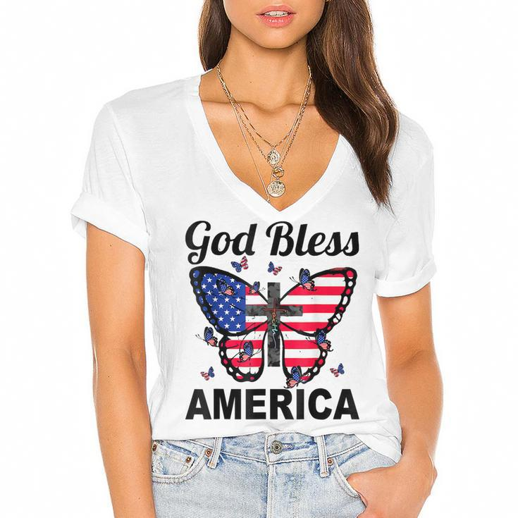 God Bless America Butterflies 4Th Of July Jesus Christ Cross  Women's Jersey Short Sleeve Deep V-Neck Tshirt
