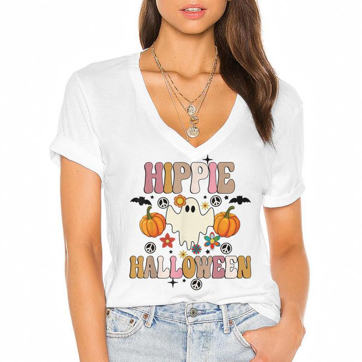 Groovy Hippie Halloween Cute Ghost Halloween Retro Vintage  Women's Jersey Short Sleeve Deep V-Neck Tshirt