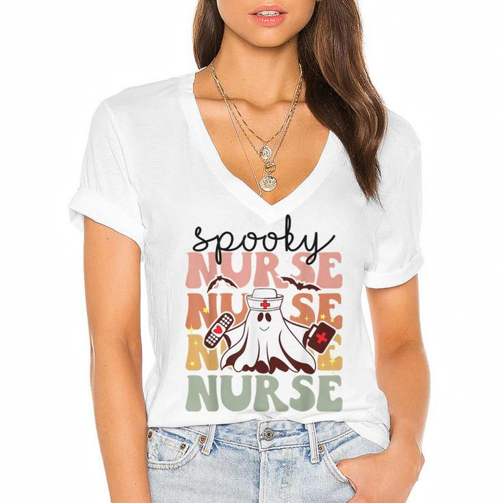 Groovy Nurse Costume Spooky Nurse Halloween  Women's Jersey Short Sleeve Deep V-Neck Tshirt