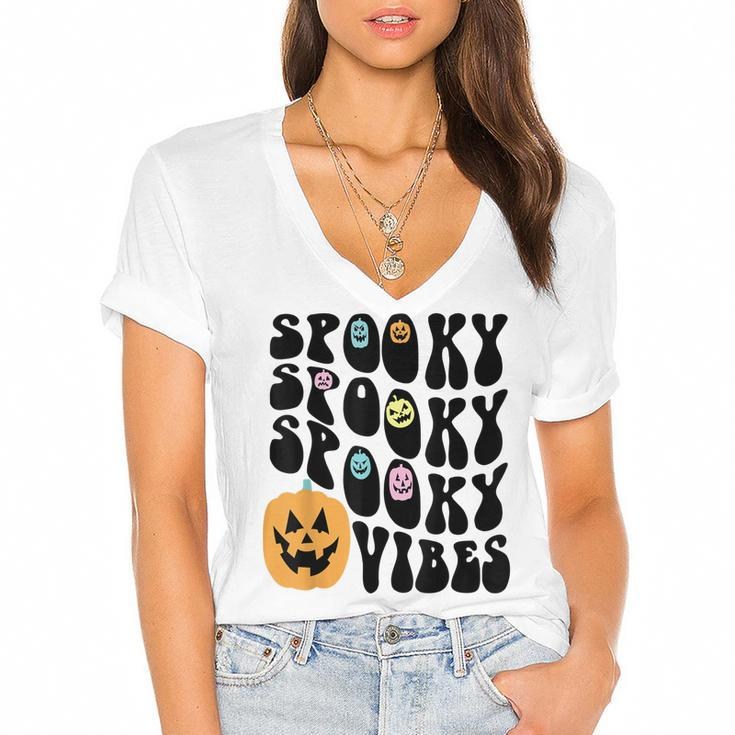 Groovy Spooky Vibes Scary Pumpkin Face Funny Halloween  Women's Jersey Short Sleeve Deep V-Neck Tshirt