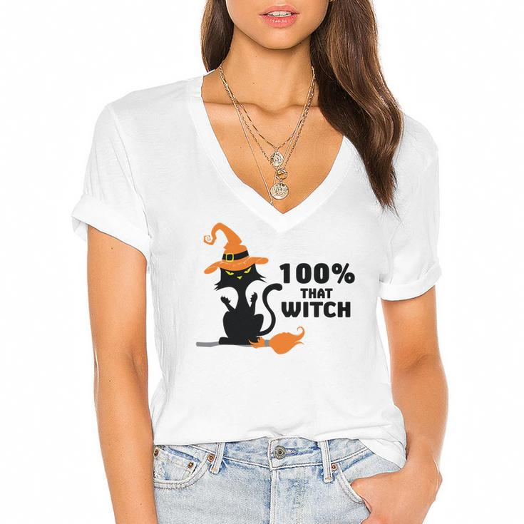 Halloween 100% That Witch Cat Funny Gift Women's Jersey Short Sleeve Deep V-Neck Tshirt