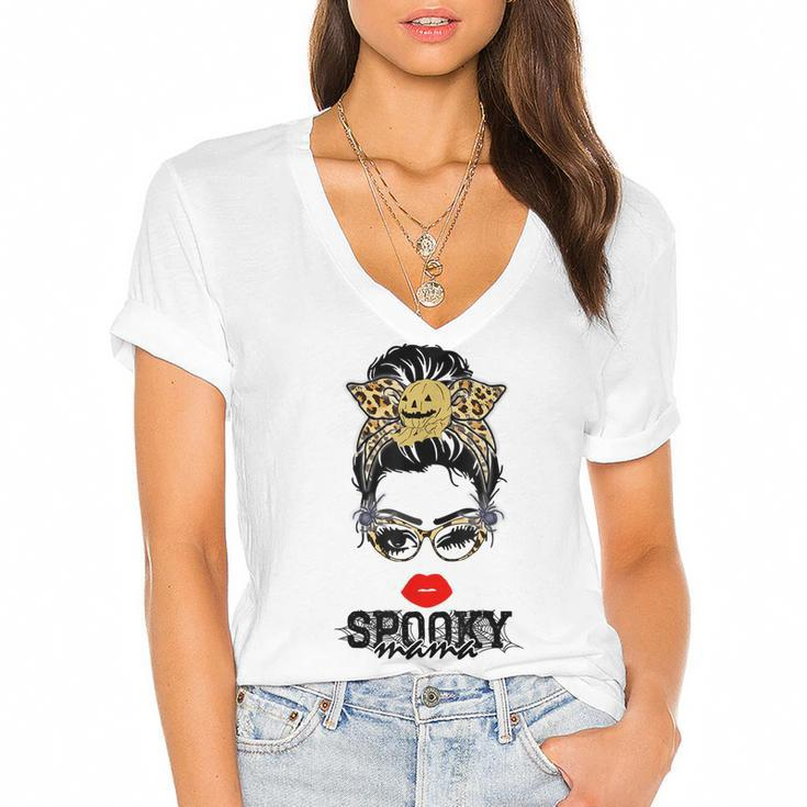 Halloween Leopard Print Messy Bun Spooky Mama  Women's Jersey Short Sleeve Deep V-Neck Tshirt