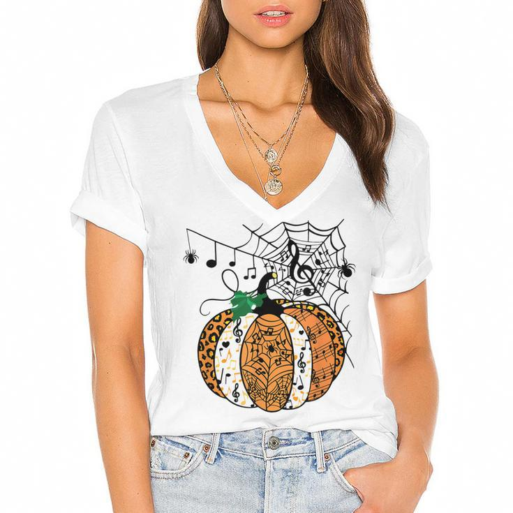 Halloween Pumpkin Music Symbols Music Teacher Halloween  Women's Jersey Short Sleeve Deep V-Neck Tshirt