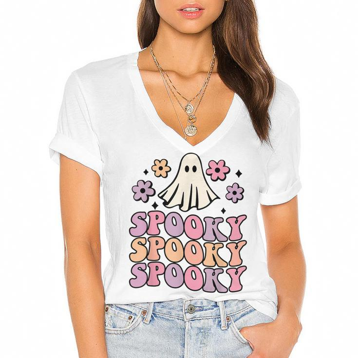 Halloween Retro Groovy Spooky Ghost Boo Funny Women Kids  V2 Women's Jersey Short Sleeve Deep V-Neck Tshirt