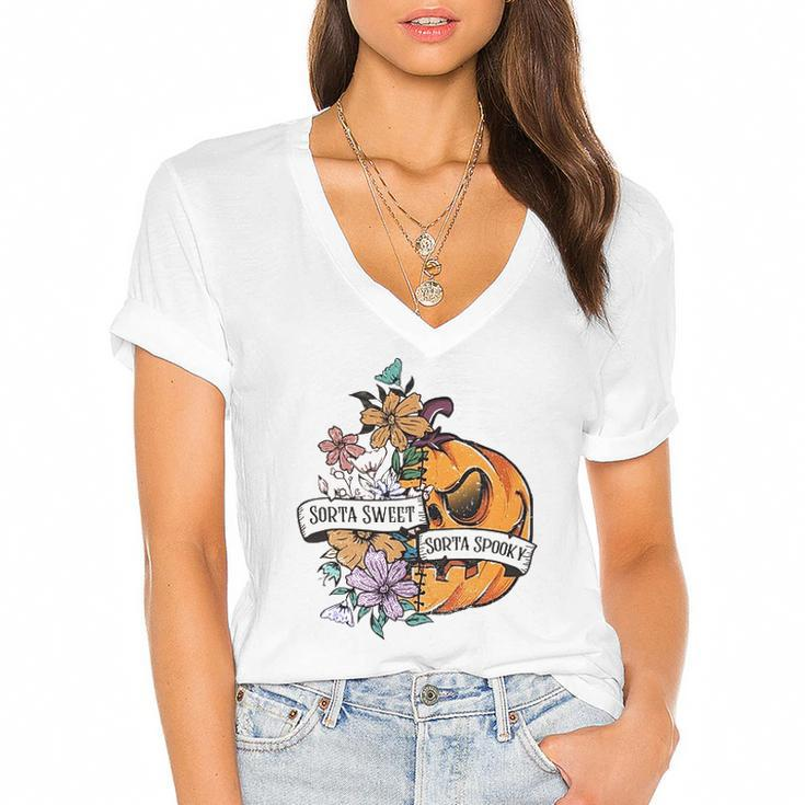 Halloween Sorta Sweet Sorta Spooky Pumpkin Floral Women's Jersey Short Sleeve Deep V-Neck Tshirt