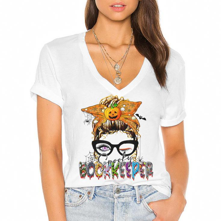 Halloween Spooky Bookkeeper Messy Bun Glasses Accountant  Women's Jersey Short Sleeve Deep V-Neck Tshirt
