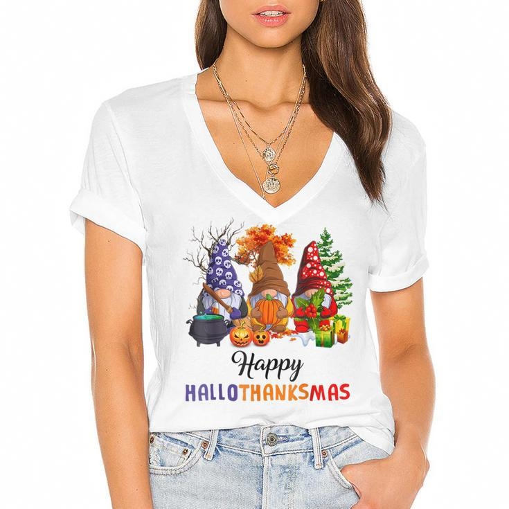 Halloween Thanksgiving Christmas Happy Hallothanksmas Gnomes  V11 Women's Jersey Short Sleeve Deep V-Neck Tshirt