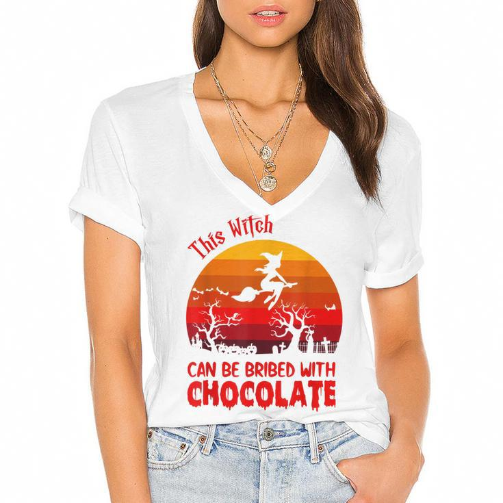Halloween This Witch Can Be Bribed With Chocolate Retro  Women's Jersey Short Sleeve Deep V-Neck Tshirt