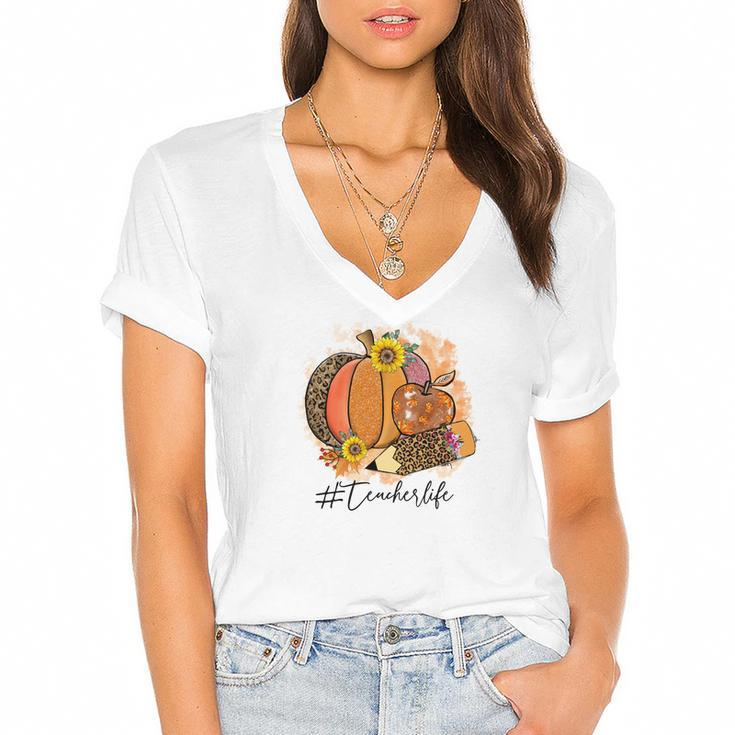 Happy Teacher Life Fall Autumn Pumpkin Women's Jersey Short Sleeve Deep V-Neck Tshirt
