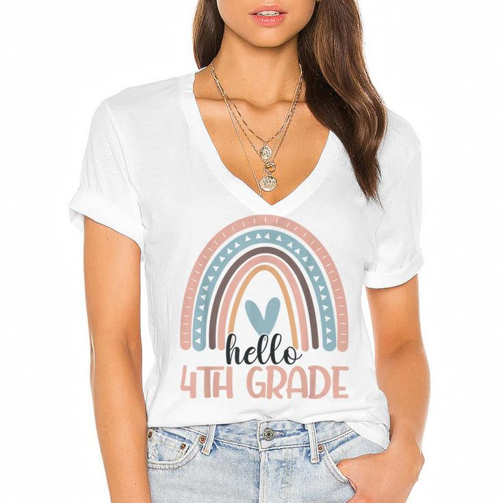 Hello 4Th Grade Boho Rainbow Fourth Grade Teacher Student  Women's Jersey Short Sleeve Deep V-Neck Tshirt