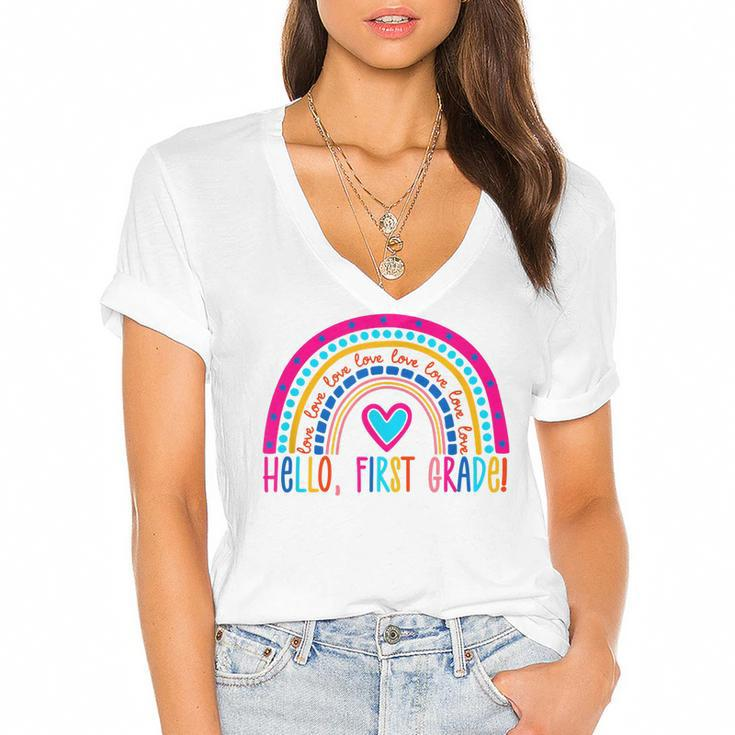 Hello First Grade Rainbow  Back To School Teacher Kids  Women's Jersey Short Sleeve Deep V-Neck Tshirt