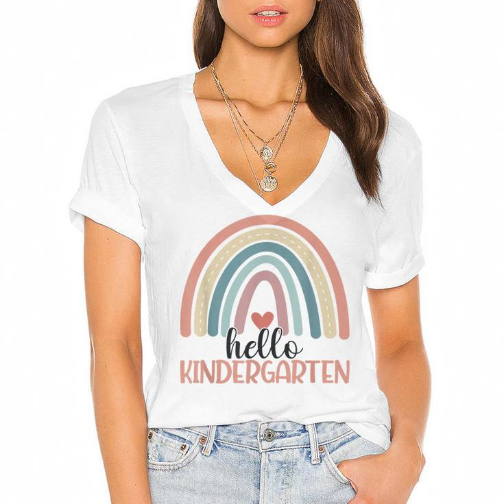 Hello Kindergarten Rainbow Cute Kinder Boho Rainbow Teacher  Women's Jersey Short Sleeve Deep V-Neck Tshirt