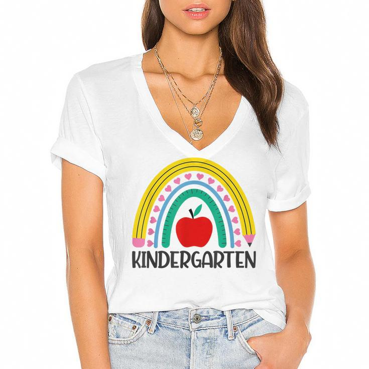 Hello Kindergarten Rainbow Teacher Student Back To School  Women's Jersey Short Sleeve Deep V-Neck Tshirt