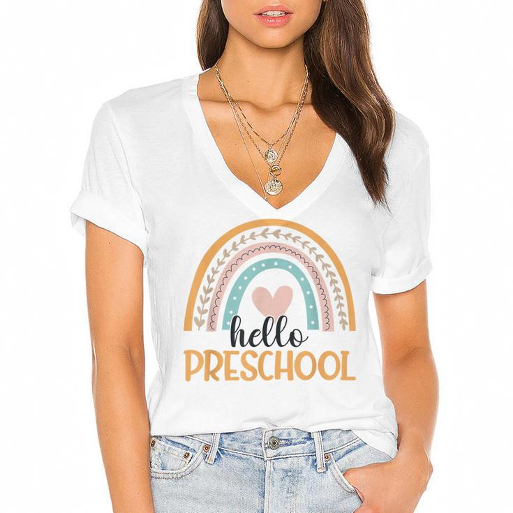 Hello Preschool Rainbow Teachers Students Back To School  Women's Jersey Short Sleeve Deep V-Neck Tshirt