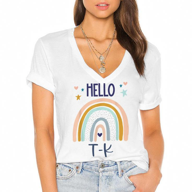 Hello Tk Rainbow For Prek Preschool Teacher Girls  Women's Jersey Short Sleeve Deep V-Neck Tshirt