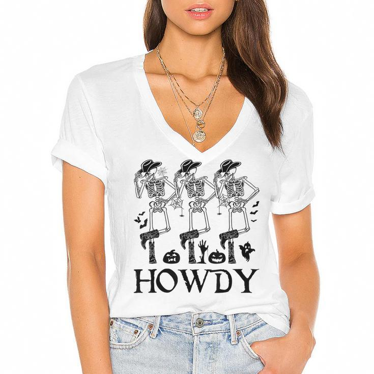 Howdy Cowboy Dancing Skeleton Cowboy Halloween  Women's Jersey Short Sleeve Deep V-Neck Tshirt